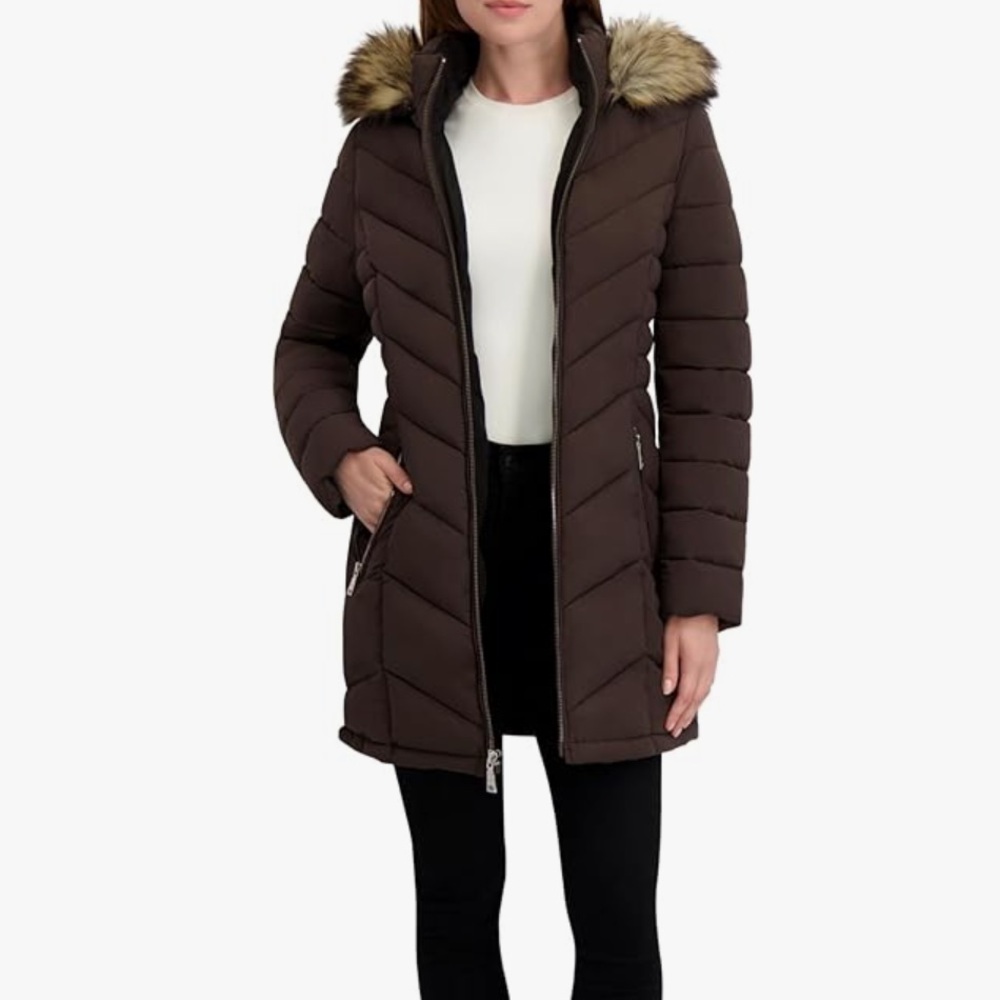 Laundry By Shelli Segal Dark Brown Puffer Coat with Faux Fur Hood
